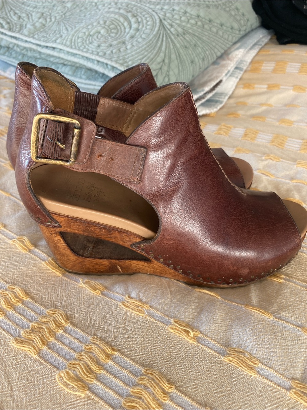 Dansko Brown Leather Peep-Toe Wedge Clogs